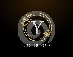 Elegant Y Letter Floral Design. Circle Luxury Y Gold Logo Icon