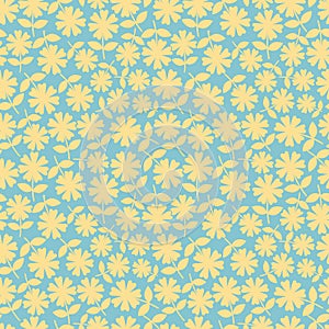 Elegant yelllow flowers in ditsy floral design. Seamless vector pattern on aqua blue background. Great for wellness