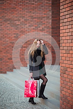 Elegant young beautiful women holding shopping bags, walking away from shop. Sale, consumerism and people concept