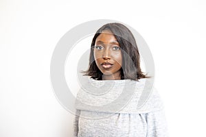 Elegant Young Black Woman in a Gray Turtleneck Sweater