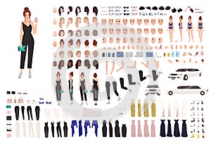 Elegant young woman animation set or constructor kit. Collection of body parts, gestures, postures, evening clothes