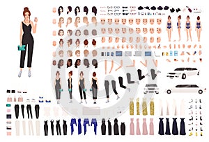 Elegant young woman animation set or constructor kit. Collection of body parts, gestures, postures, evening clothes photo
