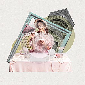 Elegant young woman, lady in pink dress drinking tea. Renaissance. Contemporary art collage.