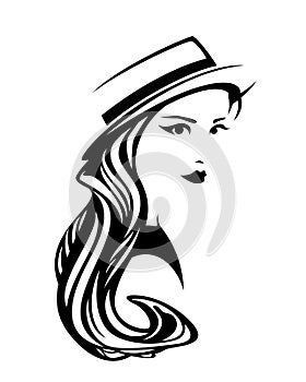 Woman wearing straw boater hat black vector portrait photo