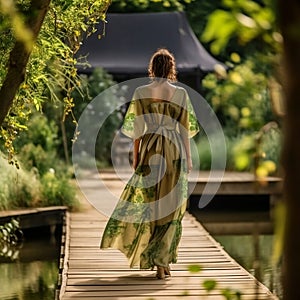 Elegant young woman in a long green dress walks on a wooden dock. AI-generated.