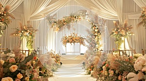 Elegantly adorned event with floral fixtures and candlelight, decorated with flowers wedding arch