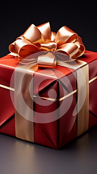 Elegantly adorned: Red gift box, golden ribbon, and exquisite bow.