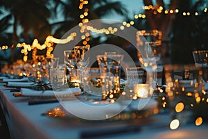 Elegantly arranged outdoor dining table under pergola with fairy lights for summer garden party