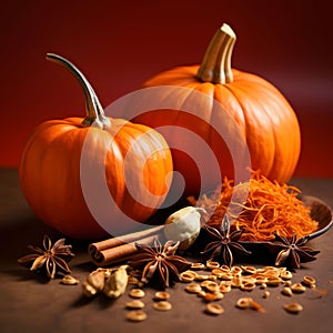 Elegantly arranged pumpkins. Around pumpkin scrapings on a dark background. Pumpkin as a dish of thanksgiving for the harvest photo