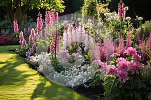 Elegantly cared for flower bed, white, pink and blue petals of flowers, sunshine falling in. Flowering flowers, a symbol of spring