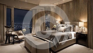 Elegantly comfortable bedroom with nighttime view