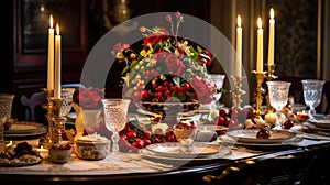 Elegantly Decorated Christmas Table with Candles, Roses, Champagne Glasses, Cutlery, and Fruits