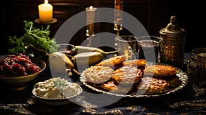 Elegantly Decorated Christmas Table with Candles, Roses, Champagne Glasses, Cutlery, and Fruits