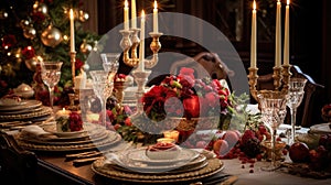 Elegantly Decorated Christmas Table with Candles, Roses, Champagne Glasses, Cutlery, and Fruits