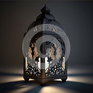 Elegantly decorated square lantern glowing on a dark background. Lantern as a symbol of Ramadan for Muslims