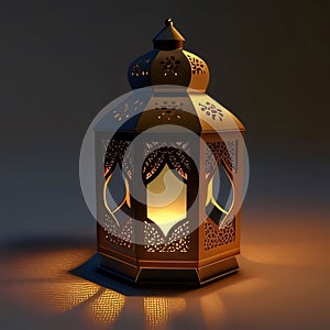 Elegantly decorated square lantern glowing on a dark background. Lantern as a symbol of Ramadan for Muslims