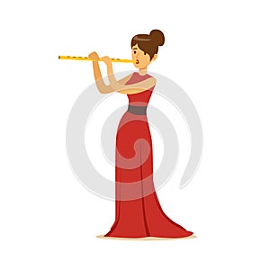 Elegantly dressed female musician playing flute, classical music performance