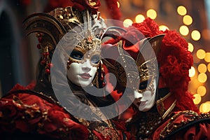 Elegantly dressed individuals wearing Venetian masks in a mystery location. Generative Ai