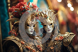 Elegantly dressed individuals wearing Venetian masks in a mystery location. Generative Ai