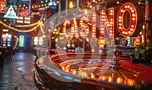 Elegantly lit CASINO neon sign over a roulette table with a spinning wheel in a luxury gambling establishment, evoking the thrill