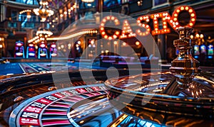 Elegantly lit CASINO neon sign over a roulette table with a spinning wheel in a luxury gambling establishment, evoking the thrill