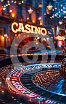 Elegantly lit CASINO neon sign over a roulette table with a spinning wheel in a luxury gambling establishment, evoking the thrill