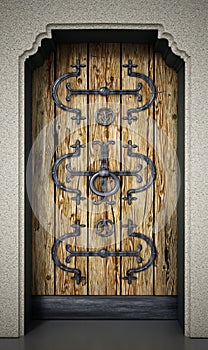 Elegantly ornamented old wooden door. 3D illustration