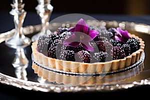 an elegantly presented blackberry tart on a silver tray