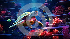 Elegantly serene movement of a majestic turtle in a captivating and vibrant underwater world