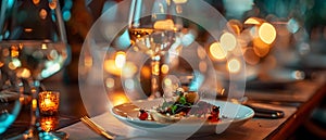 Elegantly Served Gourmet Meal with Wine Bokeh Ambiance. Concept Fine Dining Experience, Wine
