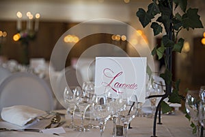 Elegantly served with wedding glasses, cutlery and decorated with flowers tables with white tablecloths and burning candles