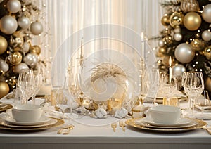 Elegantly set Christmas festive table, in white and gold colors, with cozy Christmas lights and decorations
