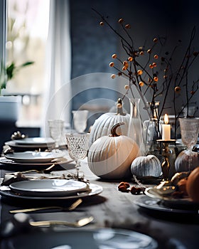 Elegantly set table with candles and white pumpkins. Pumpkin as a dish of thanksgiving for the harvest