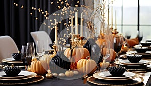 Elegantly set table with small pumpkins candles, smudged background. Pumpkin as a dish of thanksgiving for the harvest