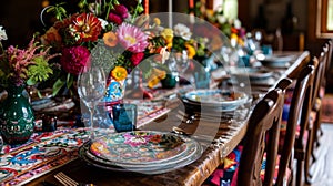 An elegantly set table with vibrant floral arrangements and patterned textiles