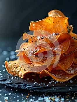 Elegantly stacked sweet potato chips seasoned with coarse sea salt and black pepper, presented on a slate background