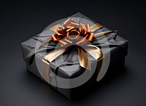 elegantly tied golden ribbon wrapped in black gift box on black background