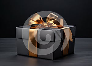 elegantly tied golden ribbon wrapped in black gift box on black background