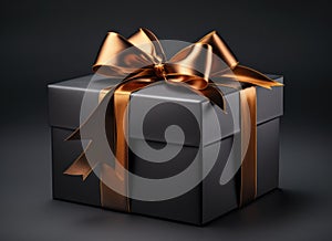 elegantly tied golden ribbon wrapped in black gift box on black background