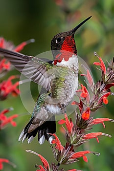 Elegantly vibrant hummingbirds in flight targeting colorful flower nectar with precision