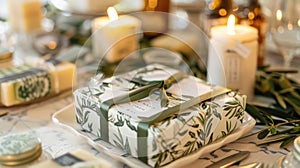 Elegantly wrapped gift box with green ribbon on a festive table setting