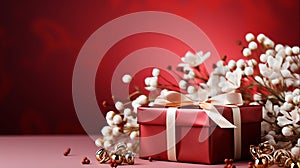 Elegantly Wrapped Red Gold Gift with Shiny Ribbon Perfect for Holidays Birthdays and Special Occasions, Generative Ai photo
