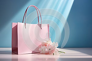 Eleglance and minimal pink shopping bag on blue background, Valentine surprise offer promotion concept.