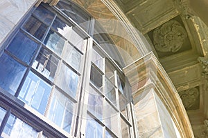 Element in the architecture of the cathedral with columns, roof and Windows of stained glass of Kazan Cathedral in Saint