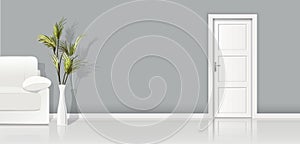 Element of architecture - vector background grey wall, sofa and closed white door