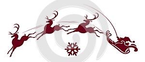 Element of Christmas composition. Texture silhouette of Santa Claus in a sleigh rushes on a red reindeer