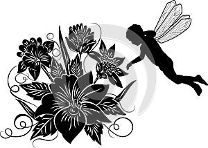 Element for design, flower with silhouette elf, vector