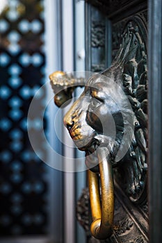 The element of the entrance door in the form of a lion is made of metal. Detail of the door of the