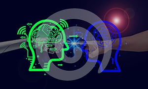 element futuristic digital imagination human and AI brain icon with glow light robotic hand touching human hand on abstract