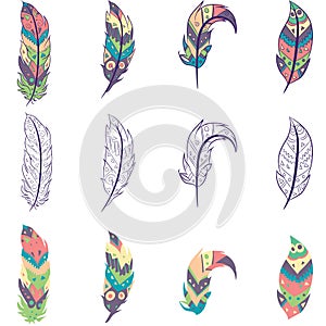 Element pack with isolated colorful feathers and sketches. Collection of hippie bohemian objects with aztec and oriental motifs